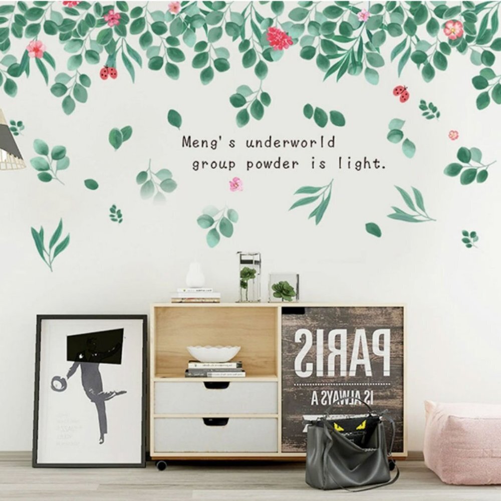 Wall Decor Mural Sticker Tropical Plant Flower Ladybug Leaf Decoration Green